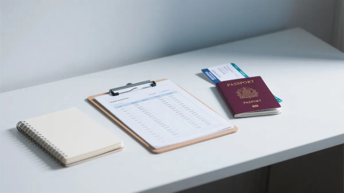 旅行预算表格与护照机票在桌面上的极简风静物